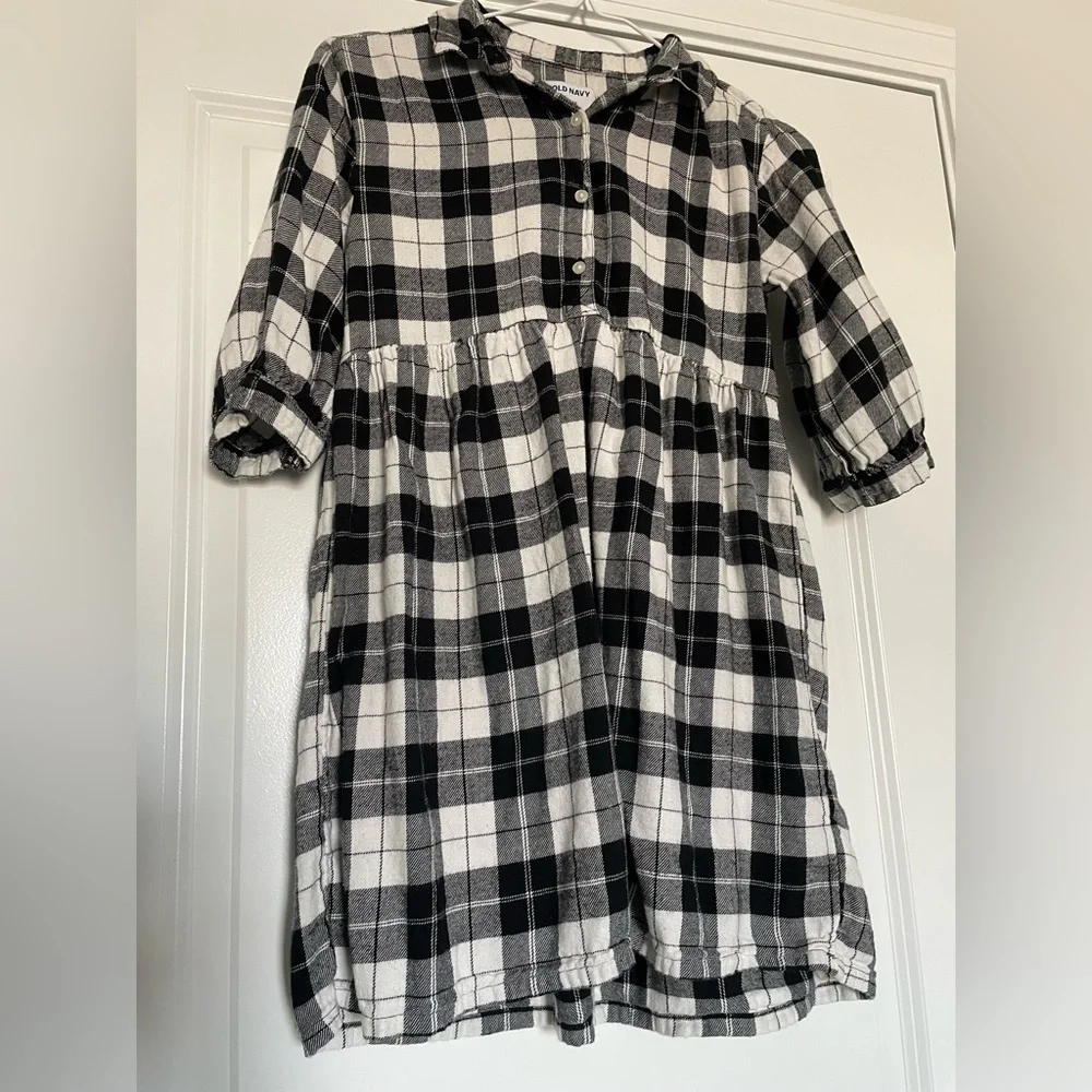Old Navy Plaid Shirt Dress Girls L 10-12 Casual Collared Black And White